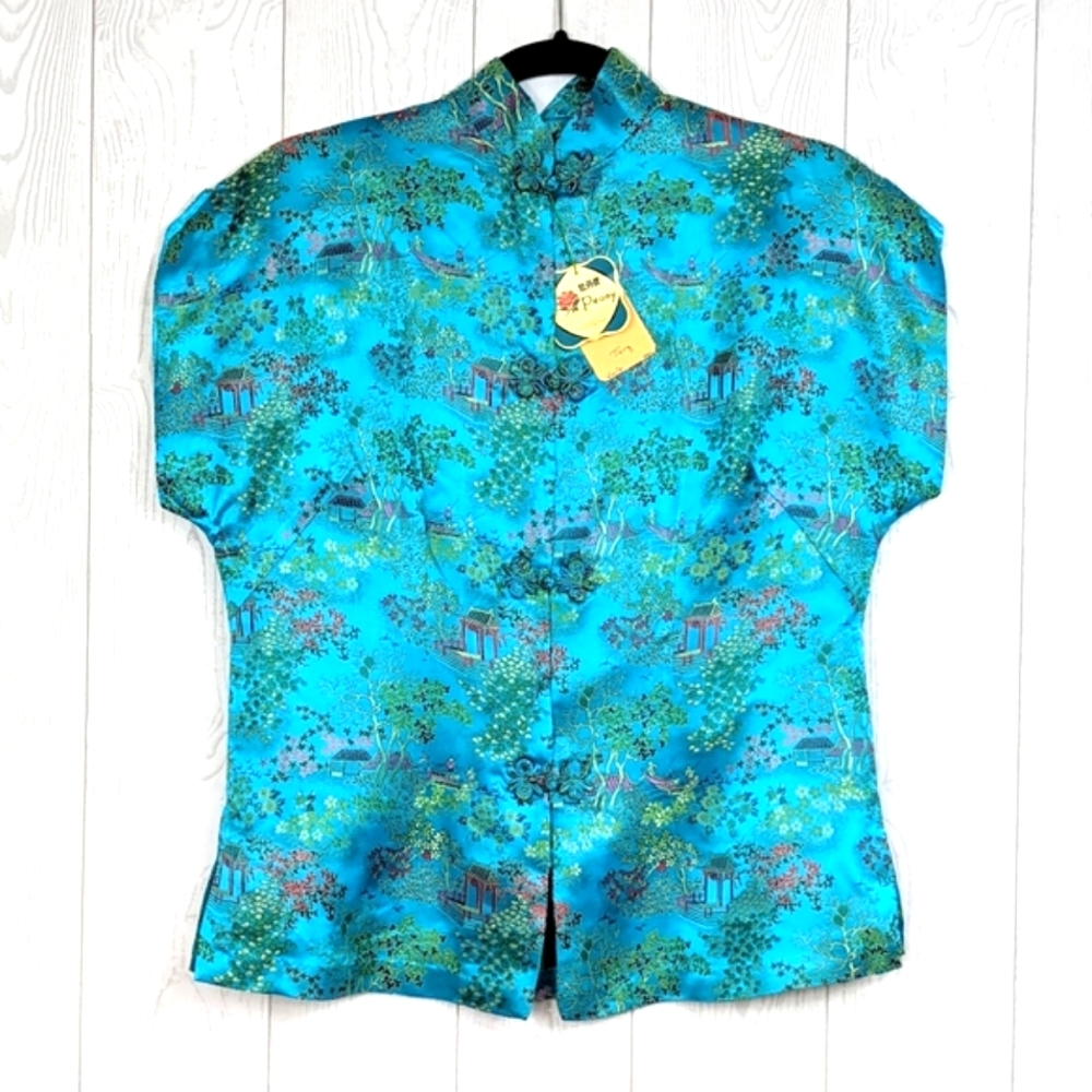 Vintage 1980's Blouse, Blue Satin Brocade Fabric, Women's Size Medium.